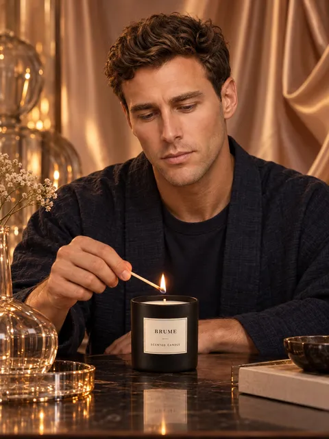 Scented candle — match held by the wick, AI photo made with Pixo Studio
