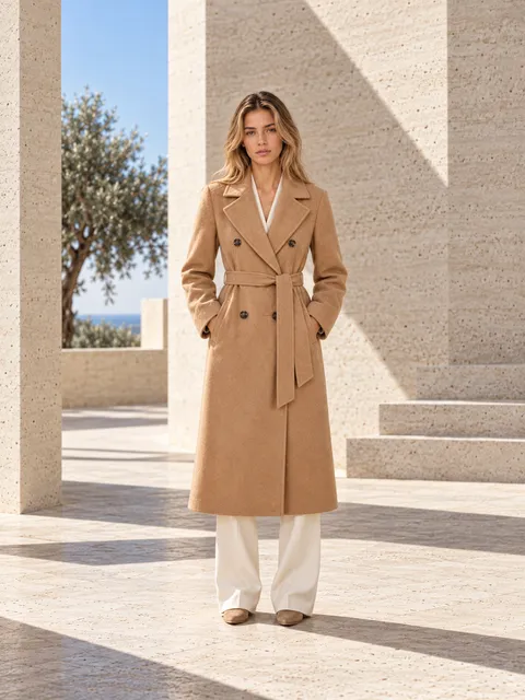 Camel wool coat — full length, front, AI photo made with Pixo Studio