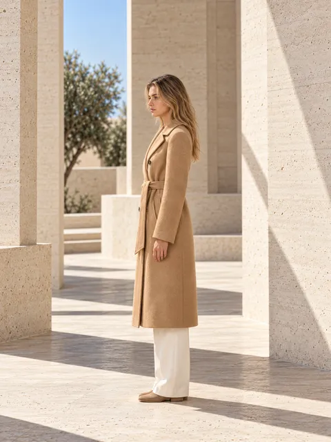 Camel wool coat — side profile, AI photo made with Pixo Studio