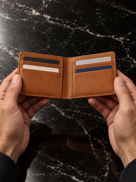 Card wallet — card slots, held open, AI photo made with Pixo Studio