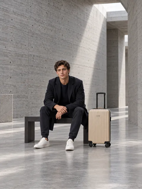 Carry-on suitcase — seated beside it, AI photo made with Pixo Studio