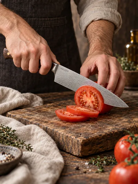Chef’s knife — slicing a tomato, AI photo made with Pixo Studio