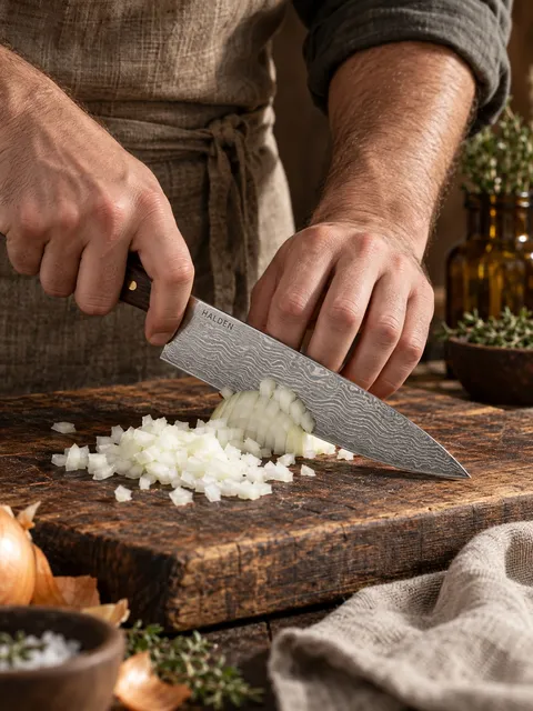 Chef’s knife — dicing an onion, AI photo made with Pixo Studio