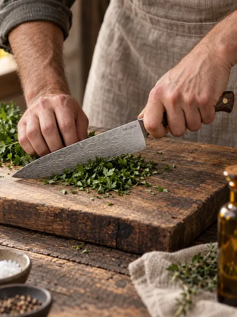 Chef’s knife — chopping herbs, AI photo made with Pixo Studio