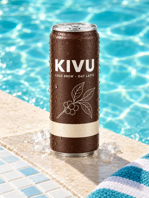 Cold brew can — cold, beaded with drops, AI photo made with Pixo Studio