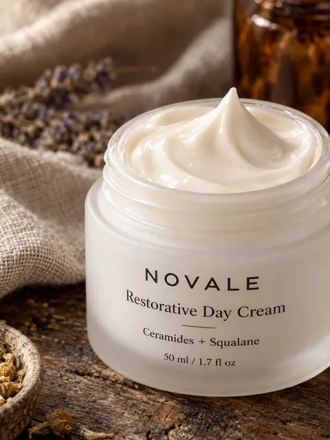 Day cream — cream swirl, jar open, AI photo made with Pixo Studio