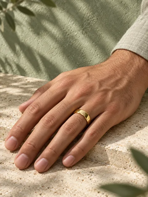 Gold band ring — hand resting flat, AI photo made with Pixo Studio