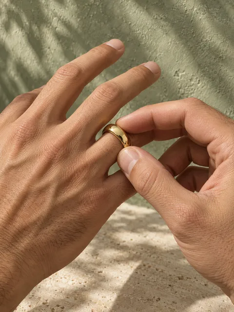 Gold band ring — sliding it on, AI photo made with Pixo Studio