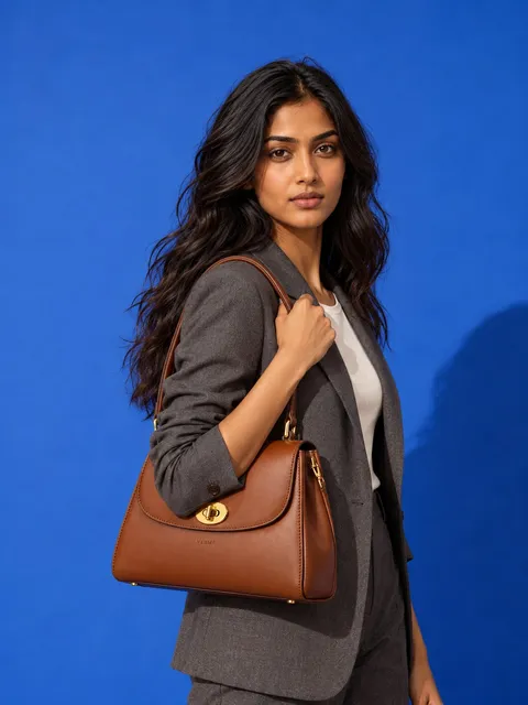 Leather handbag — hand on the strap, AI photo made with Pixo Studio