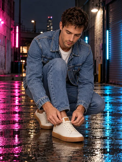 Leather sneaker — tying the laces, AI photo made with Pixo Studio