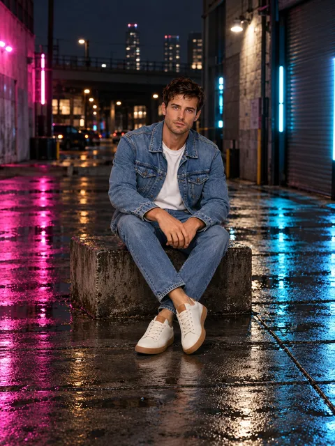Leather sneaker — seated, ankles crossed, AI photo made with Pixo Studio