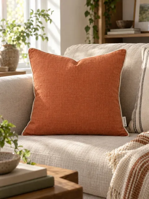 Linen cushion — on a sofa, AI photo made with Pixo Studio