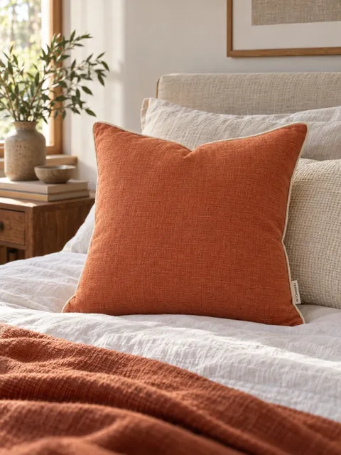 Linen cushion — on a bed, AI photo made with Pixo Studio
