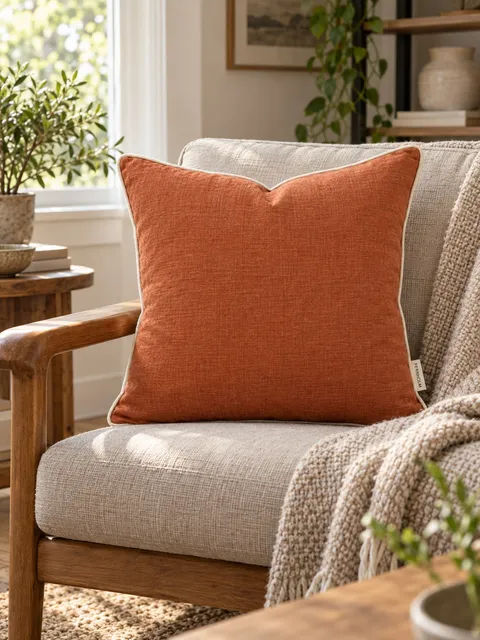 Linen cushion — on an armchair, AI photo made with Pixo Studio