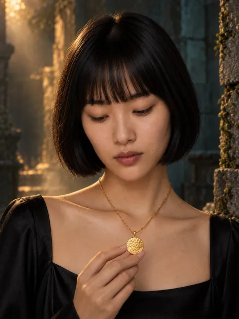 Gold medallion necklace — fingers on the pendant, AI photo made with Pixo Studio
