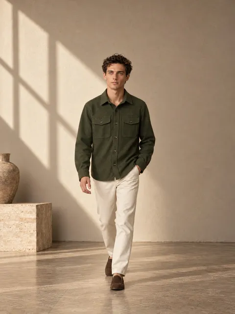 Merino overshirt — walking, AI photo made with Pixo Studio