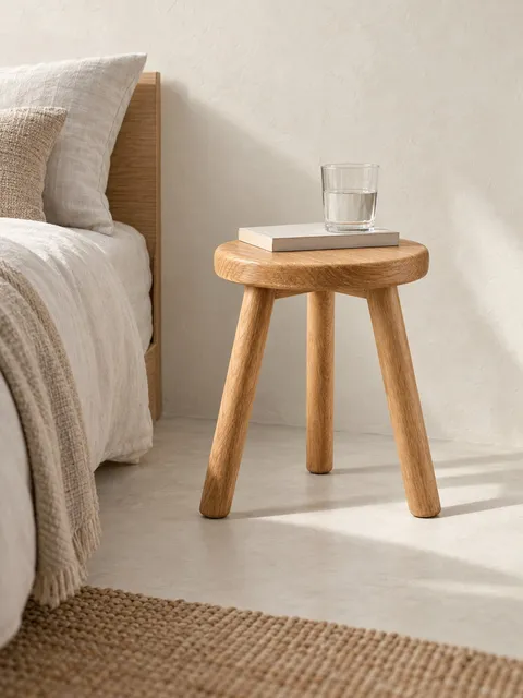 Oak stool — as a bedside table, AI photo made with Pixo Studio