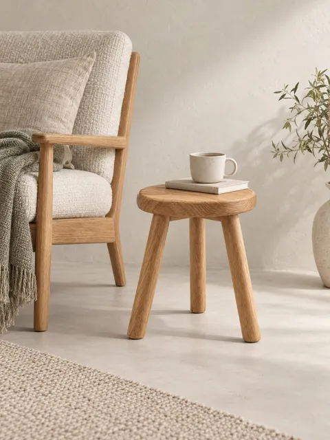 Oak stool — by a reading chair, AI photo made with Pixo Studio