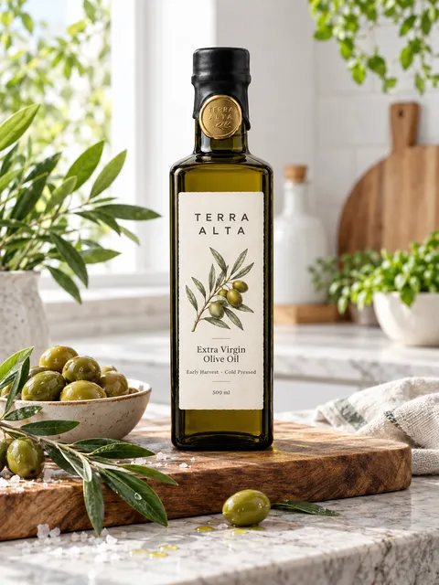 Olive oil — on a stone counter, AI photo made with Pixo Studio