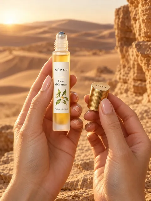 Perfume oil rollerball — held up in both hands, AI photo made with Pixo Studio