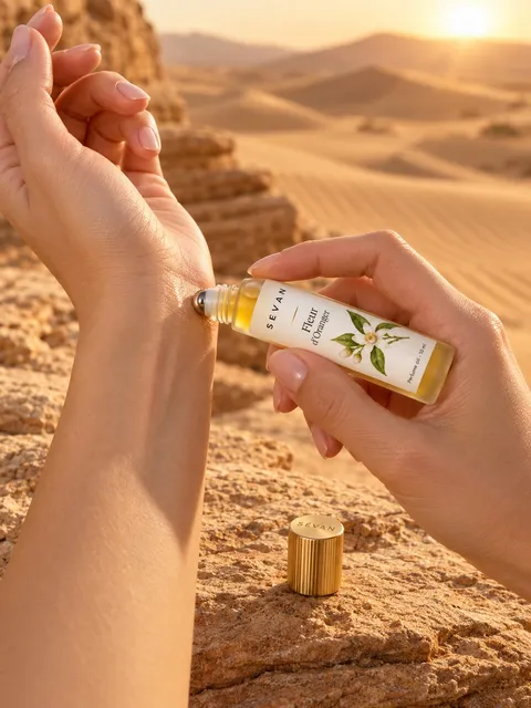 Perfume oil rollerball — spraying the wrist, AI photo made with Pixo Studio