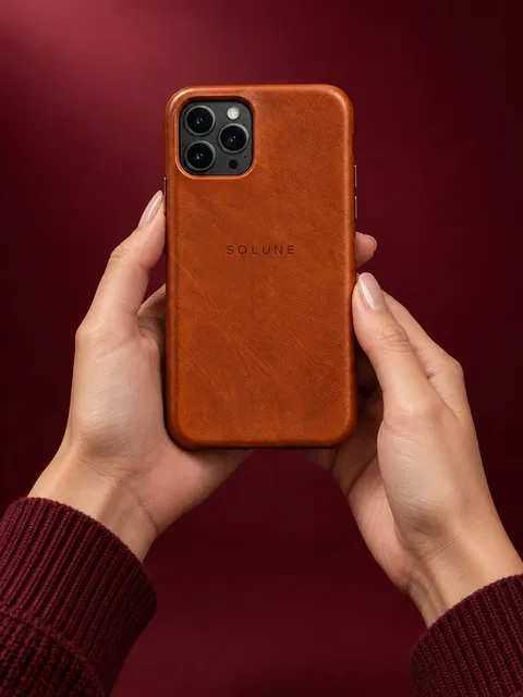 Leather phone case — back of the phone, two hands, AI photo made with Pixo Studio