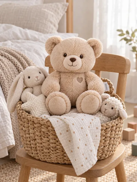 Plush bear — in a toy basket, AI photo made with Pixo Studio