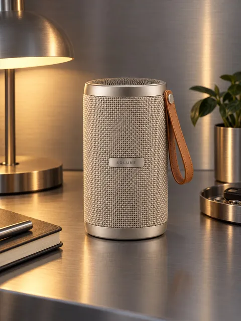 Portable speaker — evening, lamp on, AI photo made with Pixo Studio