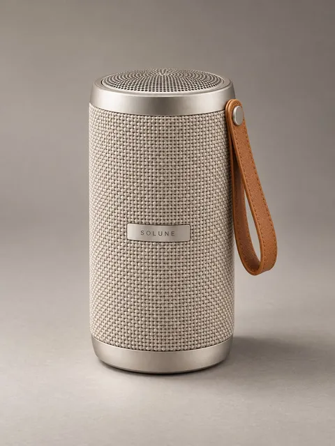 Portable speaker — three-quarter, AI photo made with Pixo Studio