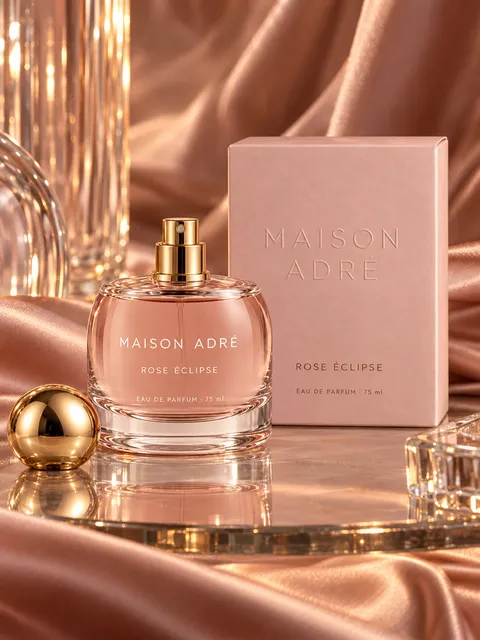 Rose Éclipse eau de parfum — cap off, AI photo made with Pixo Studio