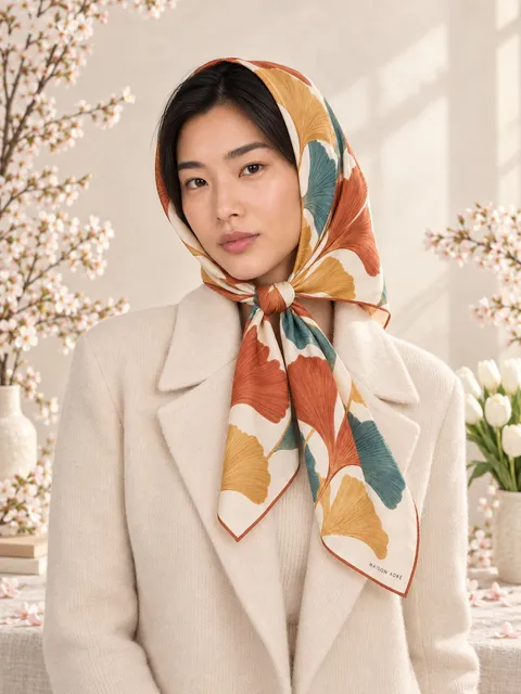 Silk scarf — worn as a headscarf, AI photo made with Pixo Studio