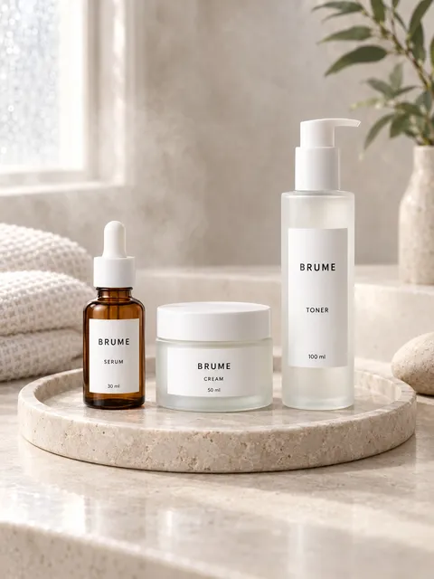 Skincare trio — on a tray, AI photo made with Pixo Studio