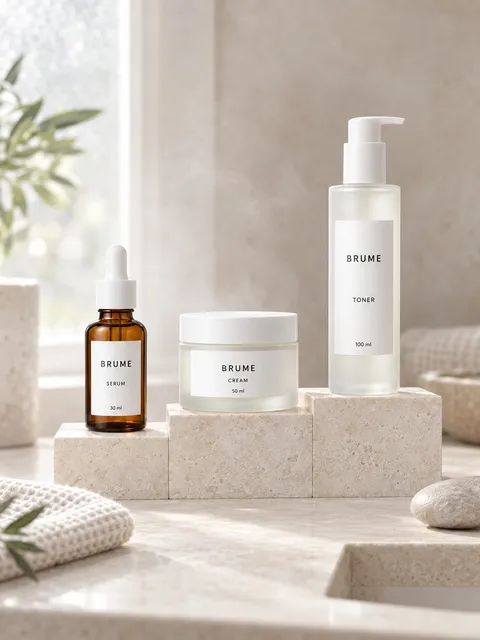 Skincare trio — on steps, AI photo made with Pixo Studio
