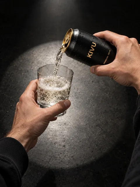 Sparkling can — pouring into a glass, AI photo made with Pixo Studio