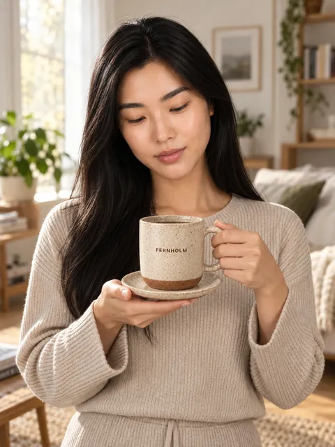 Stoneware mug — held, chest height, AI photo made with Pixo Studio