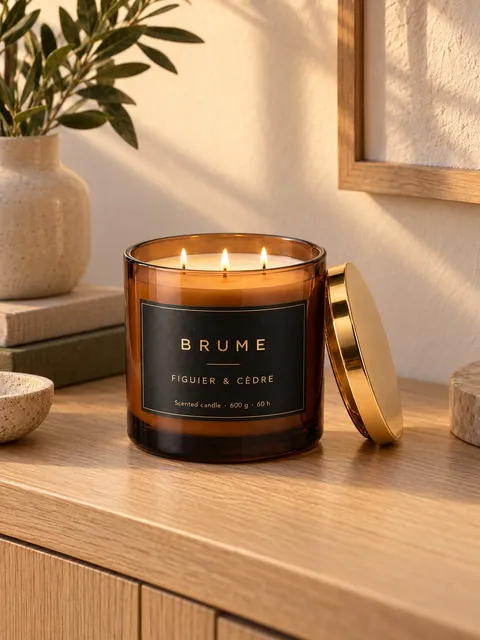 Three-wick candle — on a sideboard, close, AI photo made with Pixo Studio
