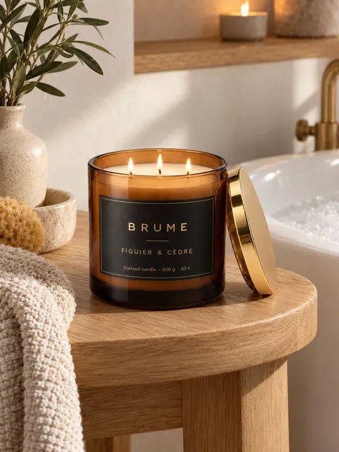 Three-wick candle — by the bath, AI photo made with Pixo Studio