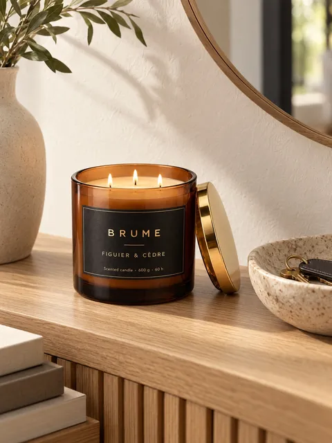 Three-wick candle — entryway console, AI photo made with Pixo Studio