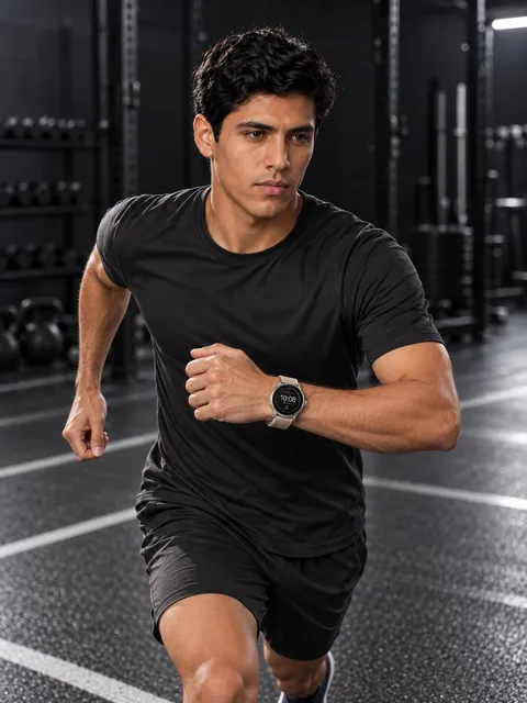 Titanium smartwatch — running, wrist forward, AI photo made with Pixo Studio