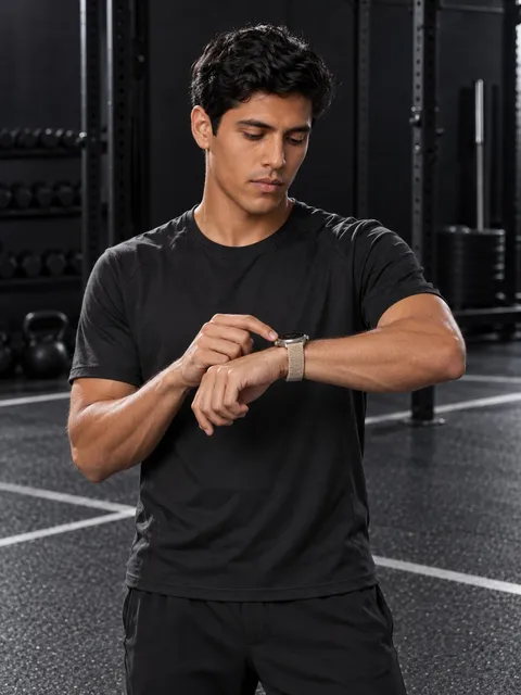 Titanium smartwatch — checking the screen, AI photo made with Pixo Studio