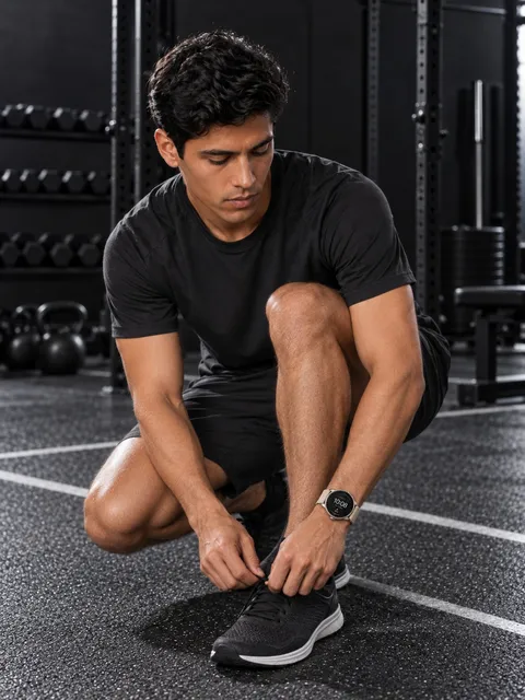 Titanium smartwatch — tying a shoe, AI photo made with Pixo Studio