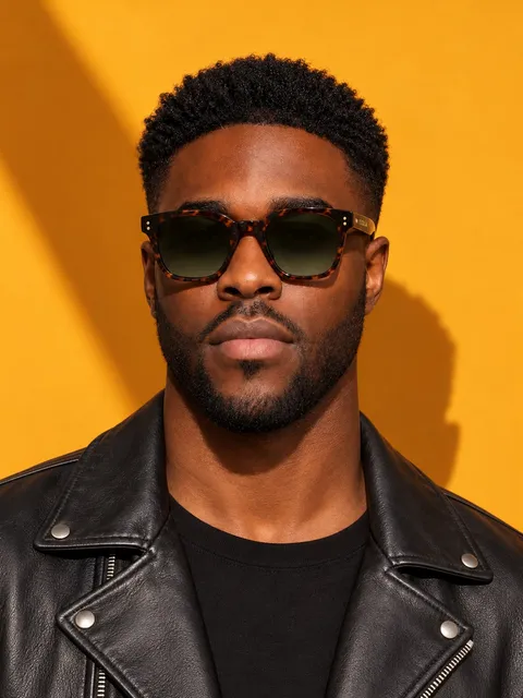 Tortoiseshell sunglasses — worn, from the front, AI photo made with Pixo Studio