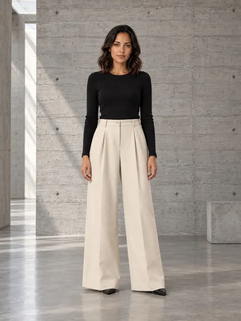 Wide-leg trousers — full length, front, AI photo made with Pixo Studio