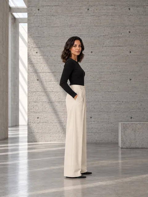 Wide-leg trousers — side, leg line, AI photo made with Pixo Studio