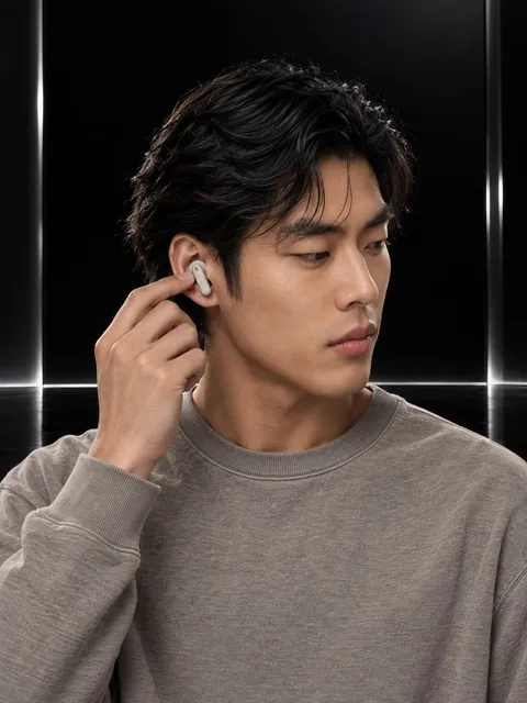 Wireless earbuds — fitting a bud, AI photo made with Pixo Studio