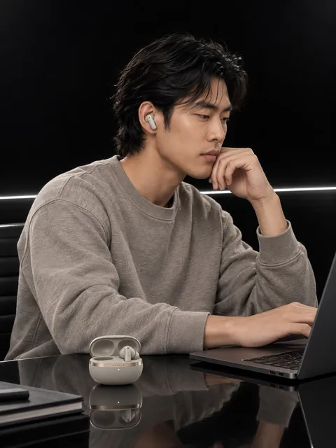 Wireless earbuds — seated, listening, AI photo made with Pixo Studio