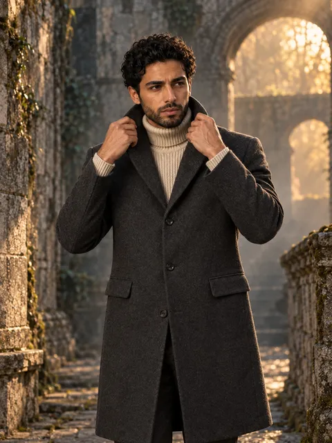 Wool overcoat — collar up, AI photo made with Pixo Studio